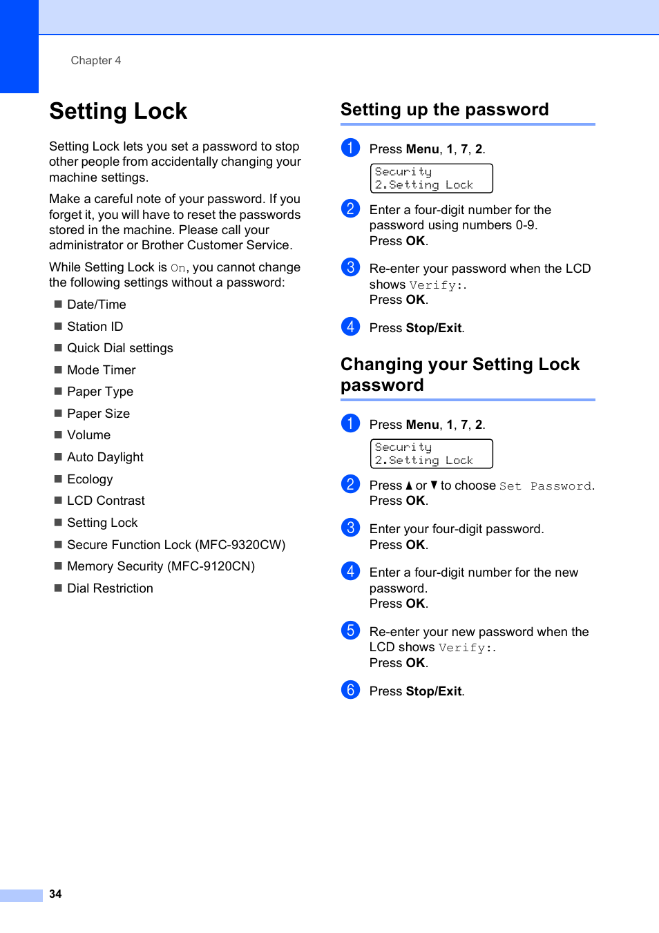 Setting lock, Setting up the password, Changing your setting lock password | Brother MFC-9120CN User Manual | Page 50 / 264