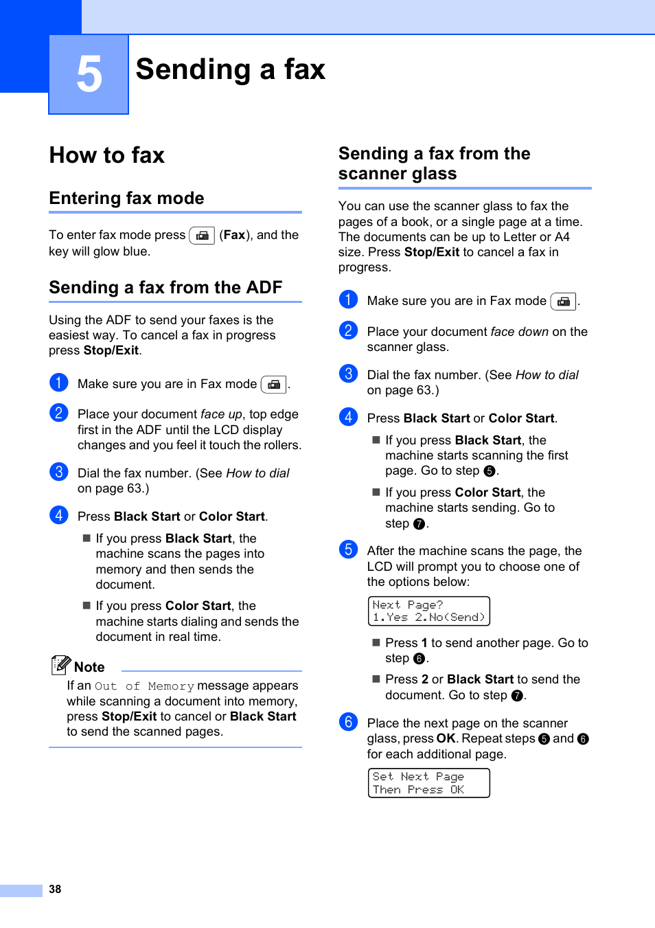 5 sending a fax, How to fax, Entering fax mode | Sending a fax from the adf, Sending a fax from the scanner glass, Sending a fax | Brother MFC-9120CN User Manual | Page 54 / 264