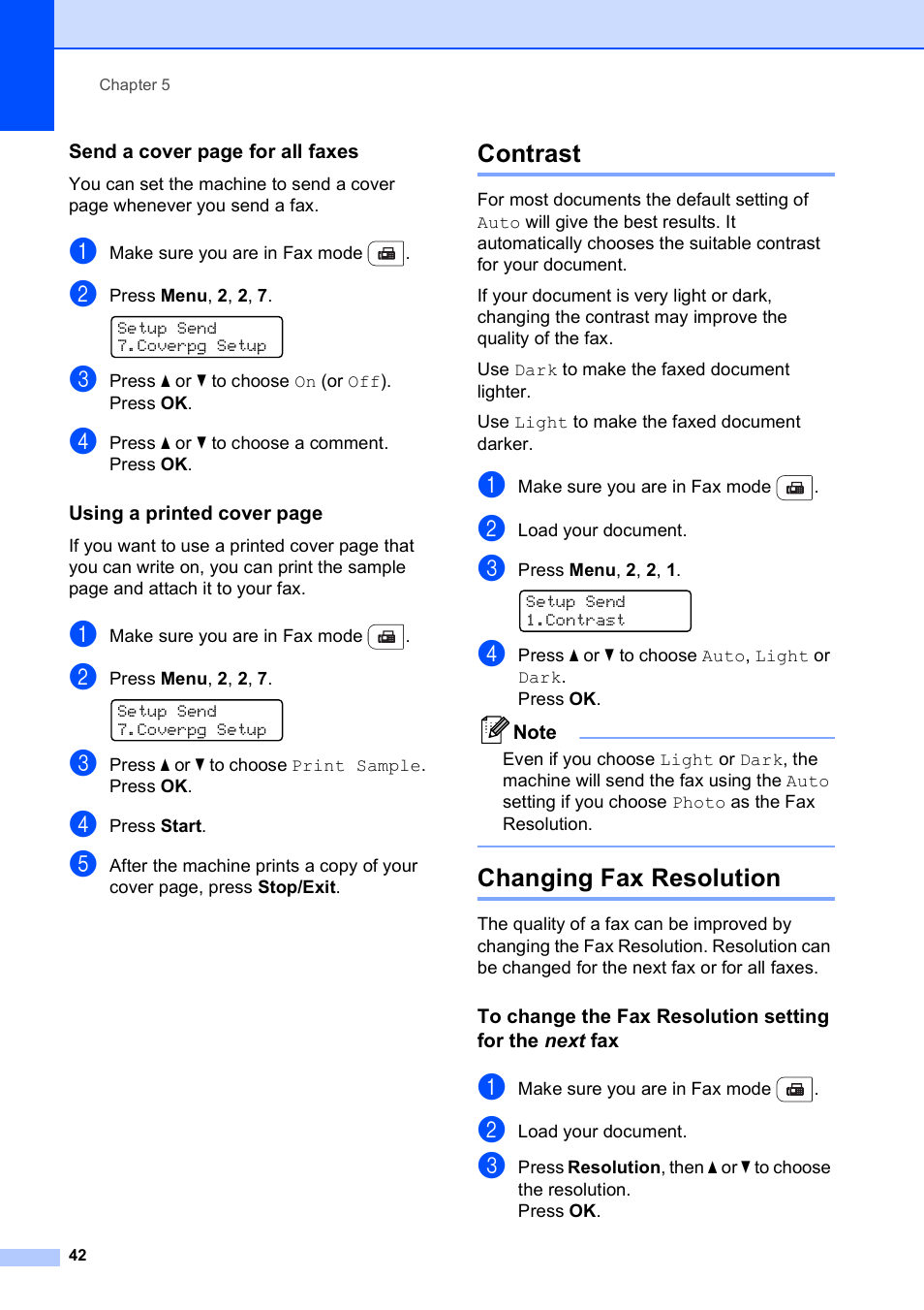 Contrast, Changing fax resolution, Contrast changing fax resolution | Brother MFC-9120CN User Manual | Page 58 / 264