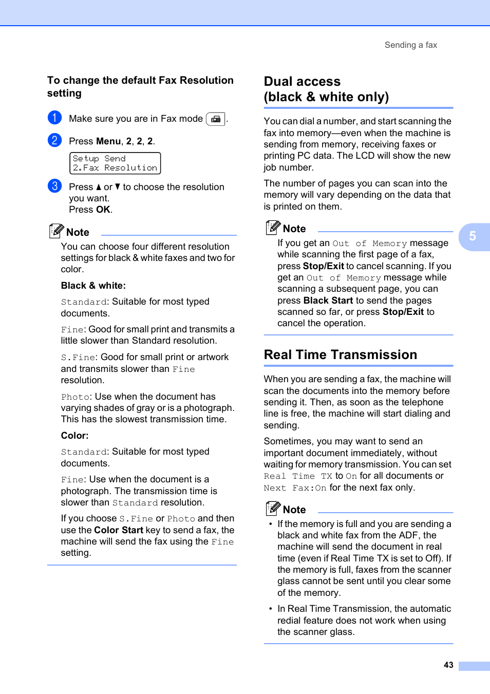 To change the default fax resolution setting, Dual access (black & white only), Real time transmission | Brother MFC-9120CN User Manual | Page 59 / 264