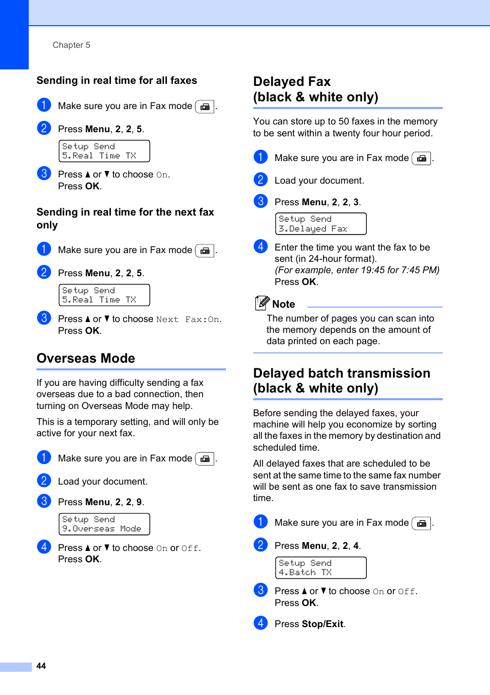 Sending in real time for all faxes, Sending in real time for the next fax only, Overseas mode | Delayed fax (black & white only), Delayed batch transmission (black & white only) | Brother MFC-9120CN User Manual | Page 60 / 264
