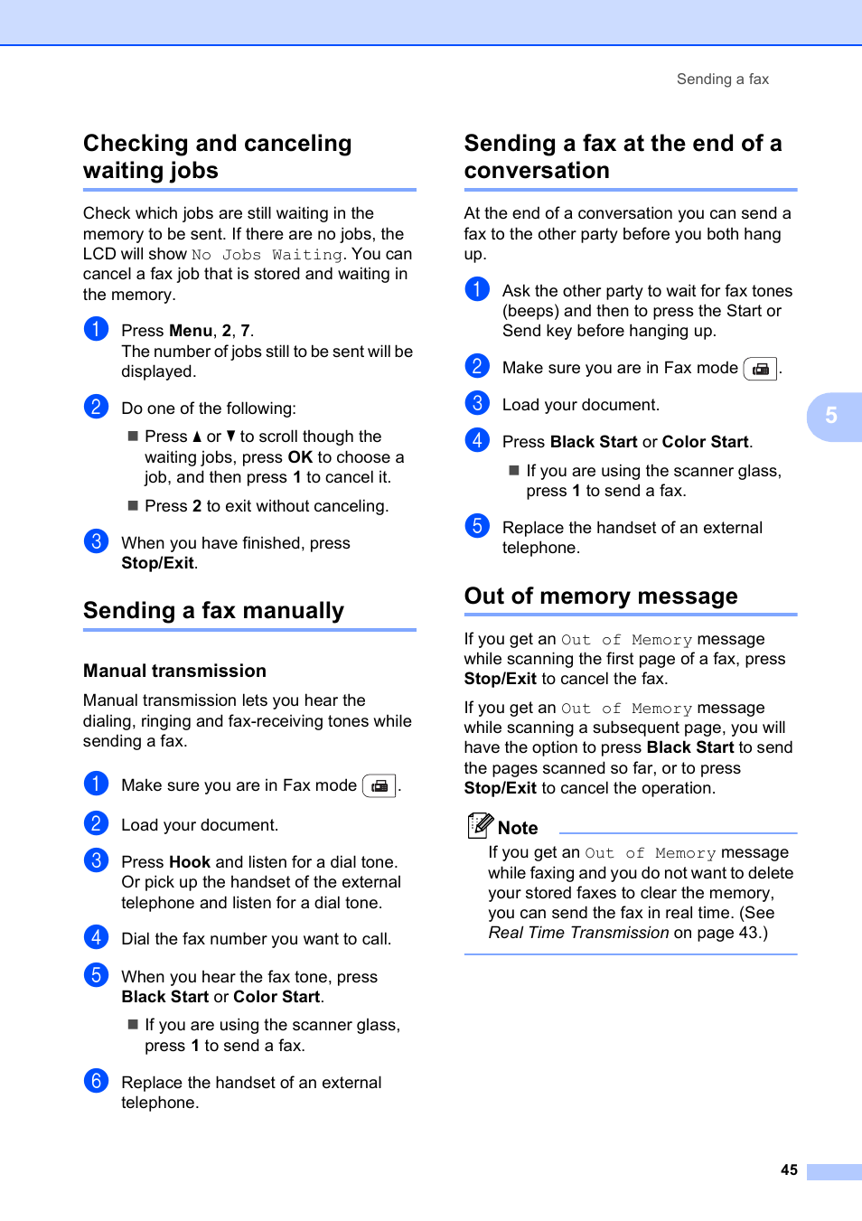 Checking and canceling waiting jobs, Sending a fax manually, Manual transmission | Sending a fax at the end of a conversation, Out of memory message, 5checking and canceling waiting jobs | Brother MFC-9120CN User Manual | Page 61 / 264