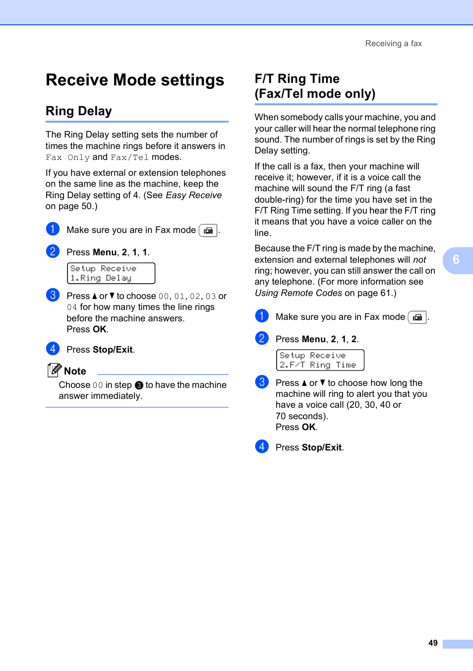 Receive mode settings, Ring delay, F/t ring time (fax/tel mode only) | Ring delay f/t ring time (fax/tel mode only) | Brother MFC-9120CN User Manual | Page 65 / 264