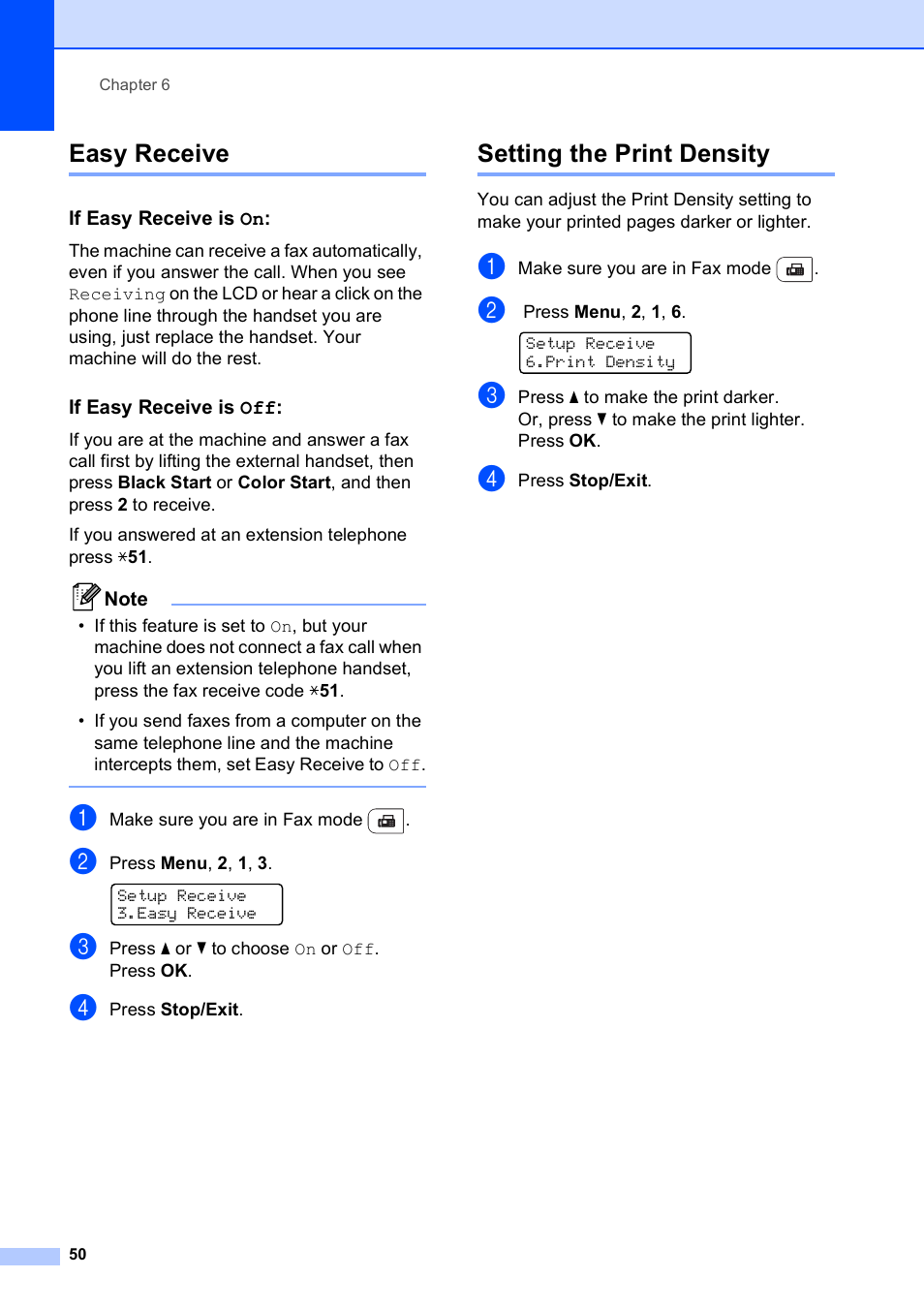 Easy receive, If easy receive is on, If easy receive is off | Setting the print density, Easy receive setting the print density | Brother MFC-9120CN User Manual | Page 66 / 264