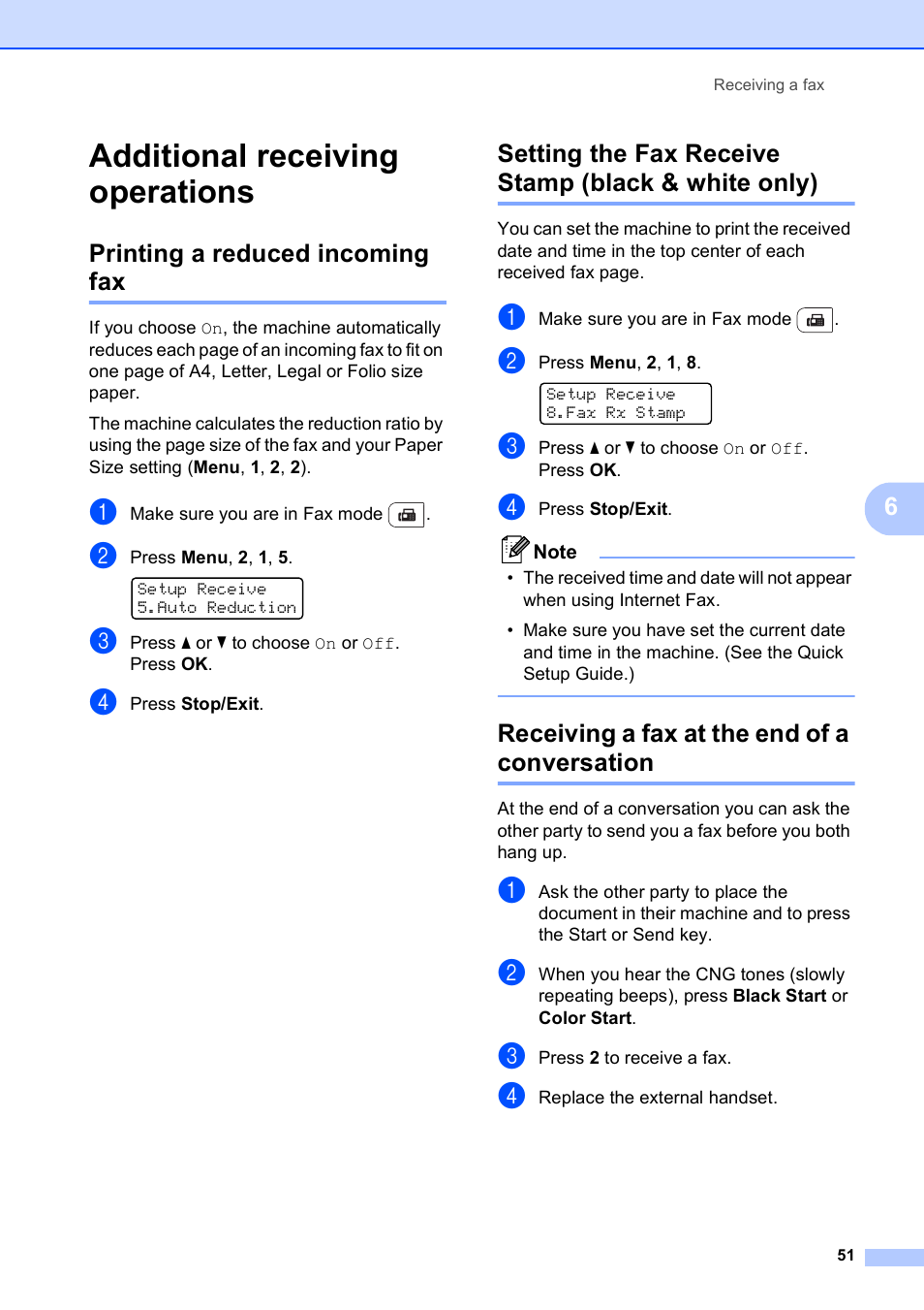 Additional receiving operations, Printing a reduced incoming fax, Setting the fax receive stamp (black & white only) | Receiving a fax at the end of a conversation | Brother MFC-9120CN User Manual | Page 67 / 264