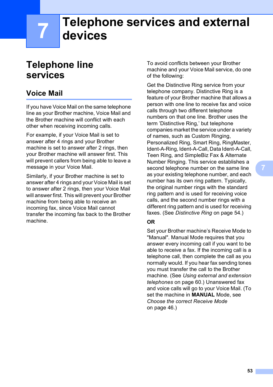 7 telephone services and external devices, Telephone line services, Voice mail | Telephone services and external devices | Brother MFC-9120CN User Manual | Page 69 / 264