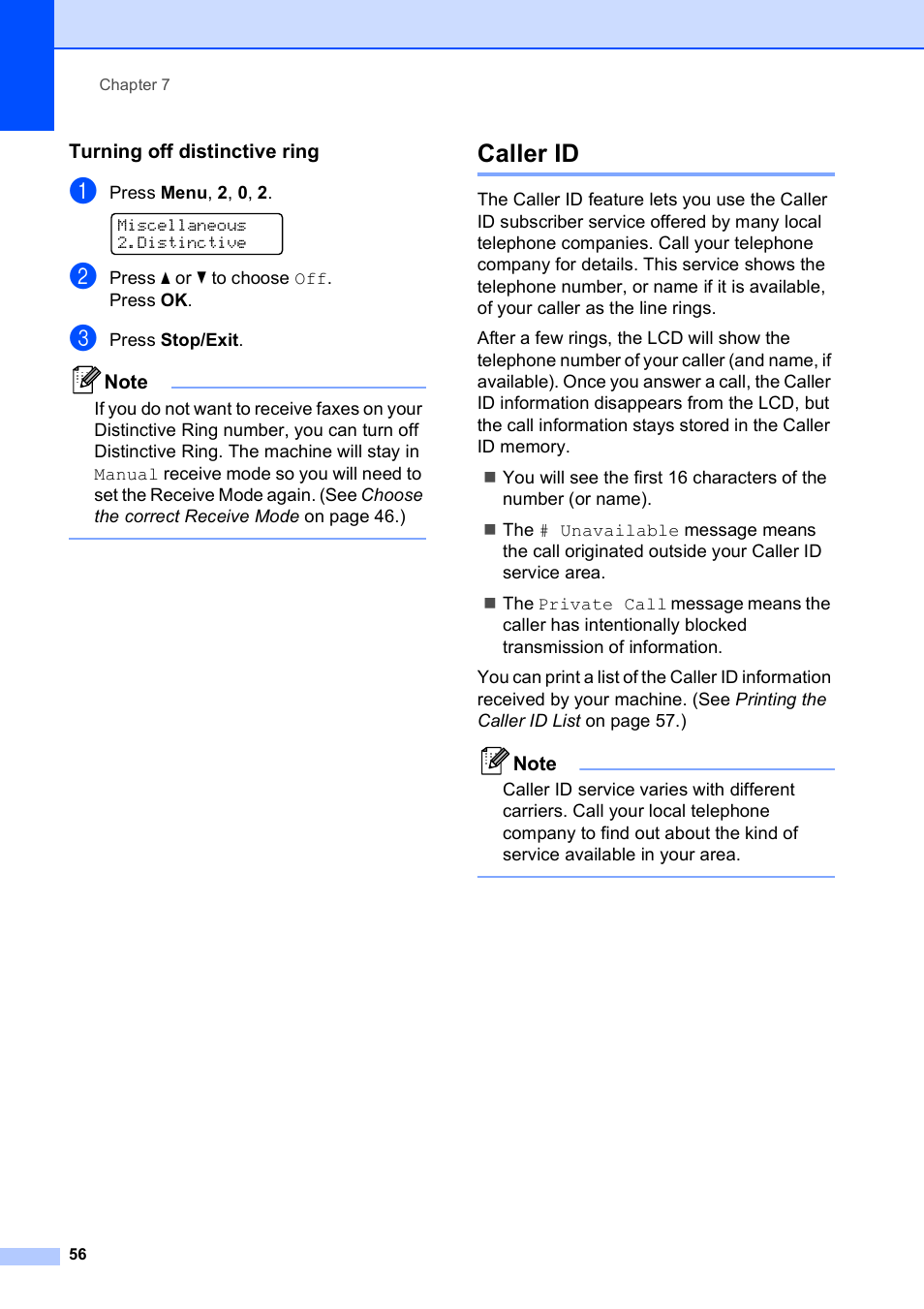 Turning off distinctive ring, Caller id | Brother MFC-9120CN User Manual | Page 72 / 264