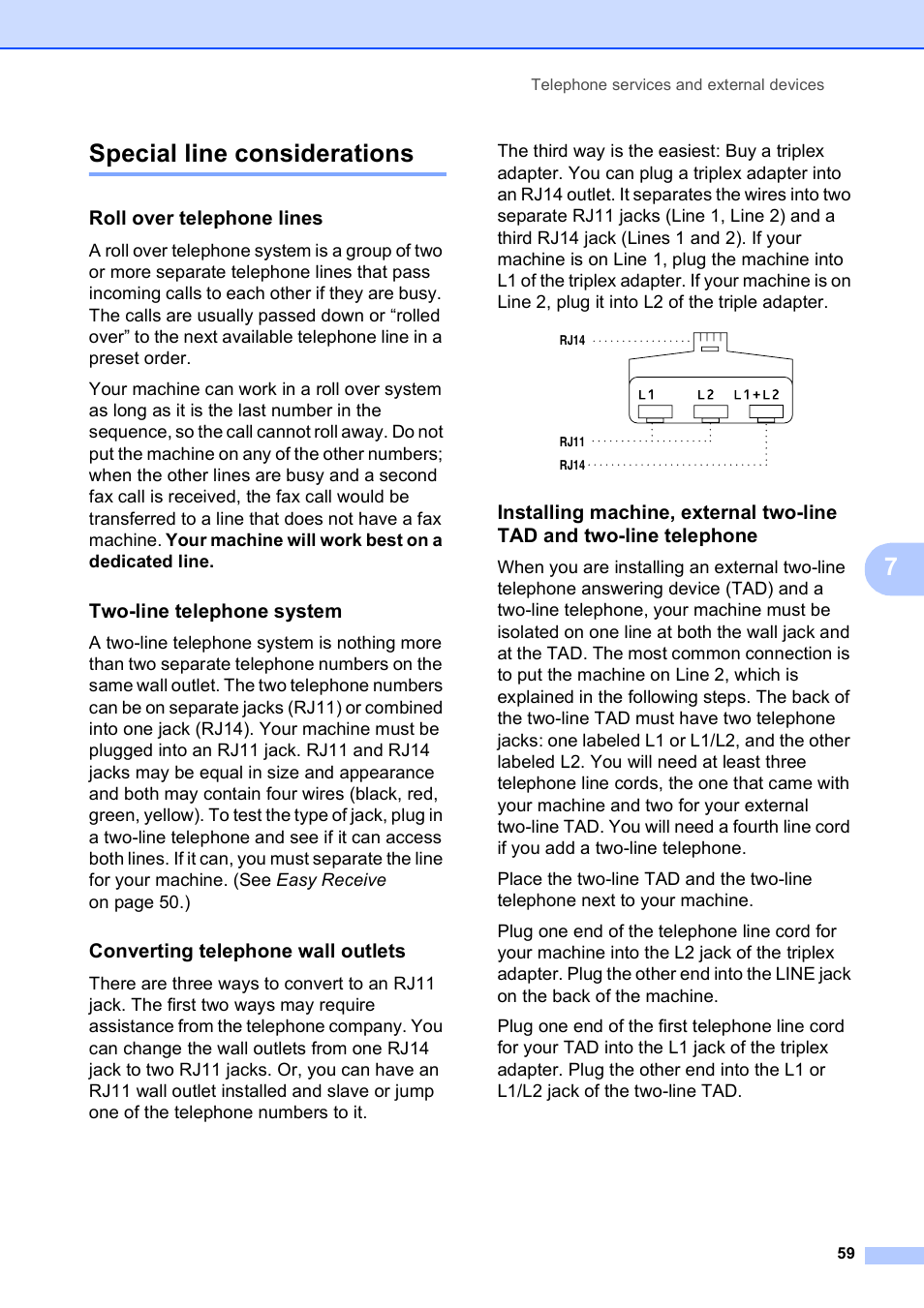 Special line considerations, Roll over telephone lines, Two-line telephone system | Converting telephone wall outlets, 7special line considerations | Brother MFC-9120CN User Manual | Page 75 / 264