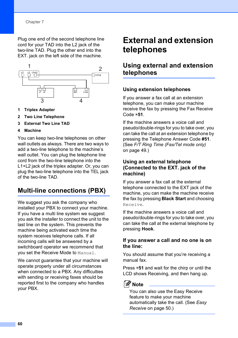 Multi-line connections (pbx), External and extension telephones, Using external and extension telephones | Using extension telephones, If you answer a call and no one is on the line | Brother MFC-9120CN User Manual | Page 76 / 264
