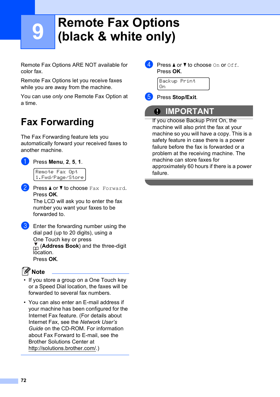 9 remote fax options (black & white only), Fax forwarding, Remote fax options (black & white only) | Important | Brother MFC-9120CN User Manual | Page 88 / 264