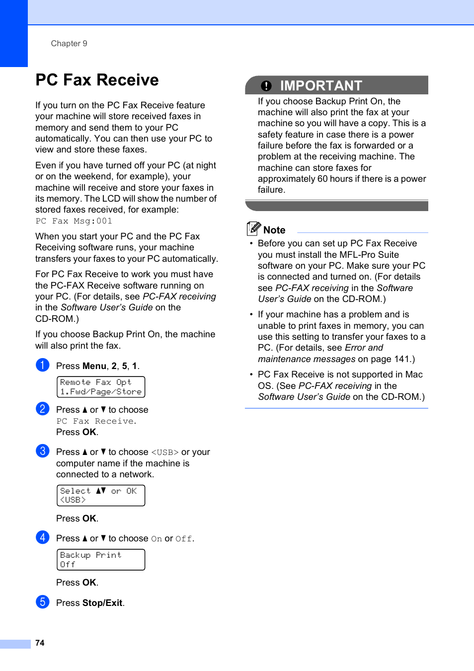 Pc fax receive, Important | Brother MFC-9120CN User Manual | Page 90 / 264