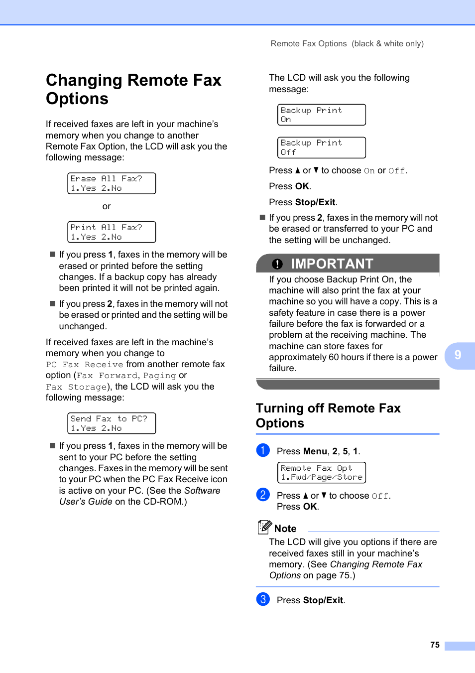 Changing remote fax options, Turning off remote fax options, Important | Brother MFC-9120CN User Manual | Page 91 / 264