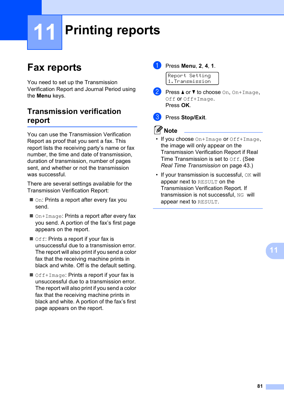 11 printing reports, Fax reports, Transmission verification report | Printing reports | Brother MFC-9120CN User Manual | Page 97 / 264