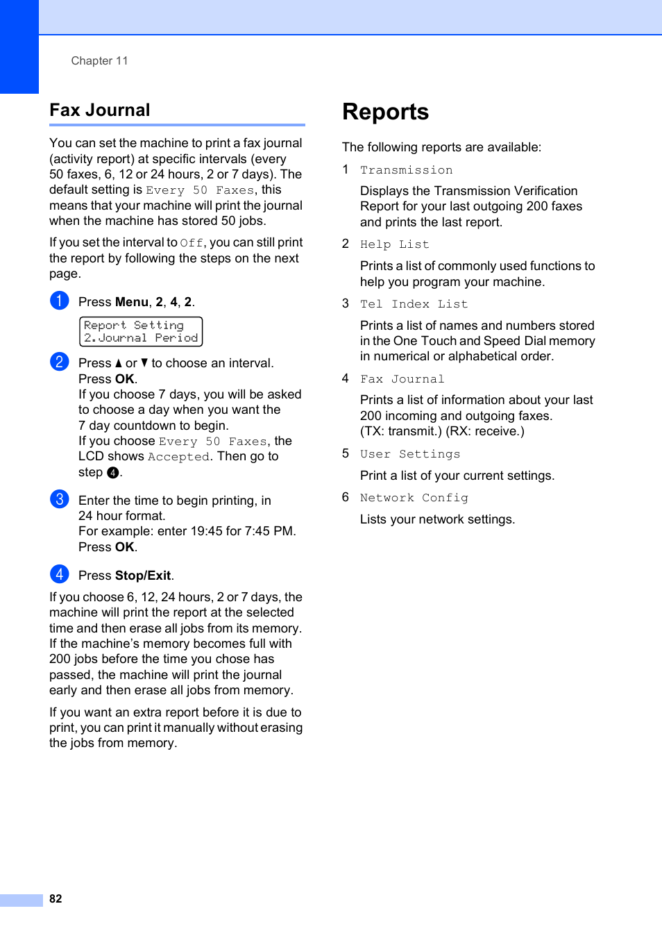 Fax journal, Reports | Brother MFC-9120CN User Manual | Page 98 / 264
