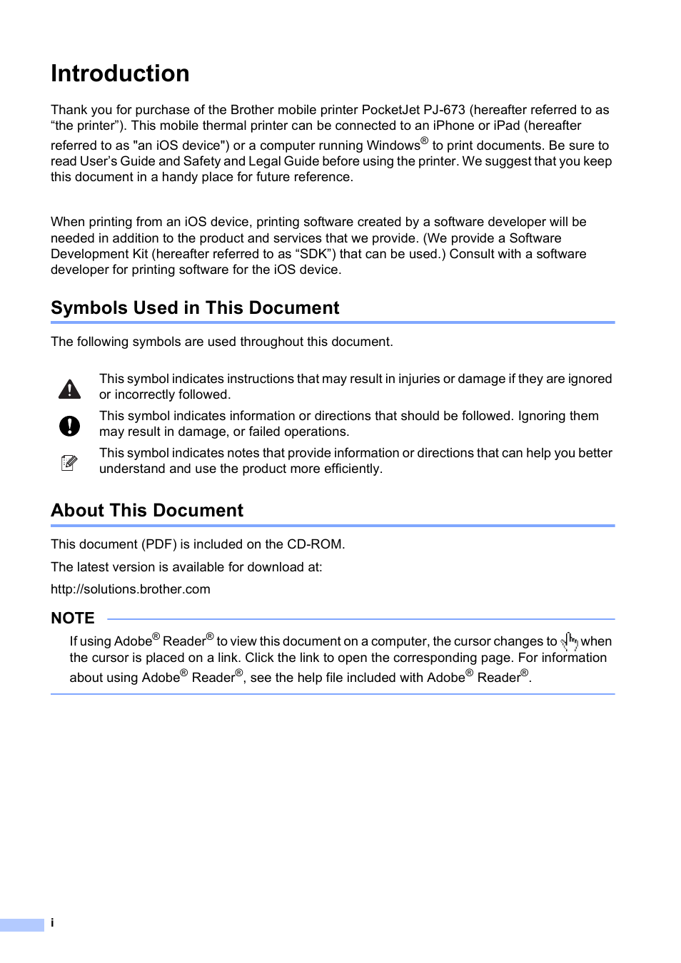 Introduction, Symbols used in this document, About this document | Brother PocketJet PJ-673 w WLAN User Manual | Page 2 / 75