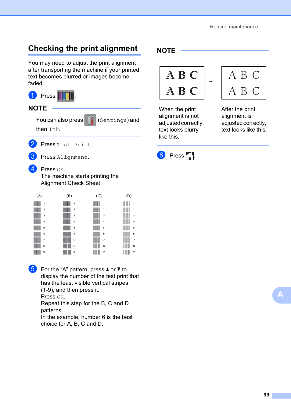 Checking the print alignment, Achecking the print alignment | Brother MFC-J6720DW User Manual | Page 113 / 219