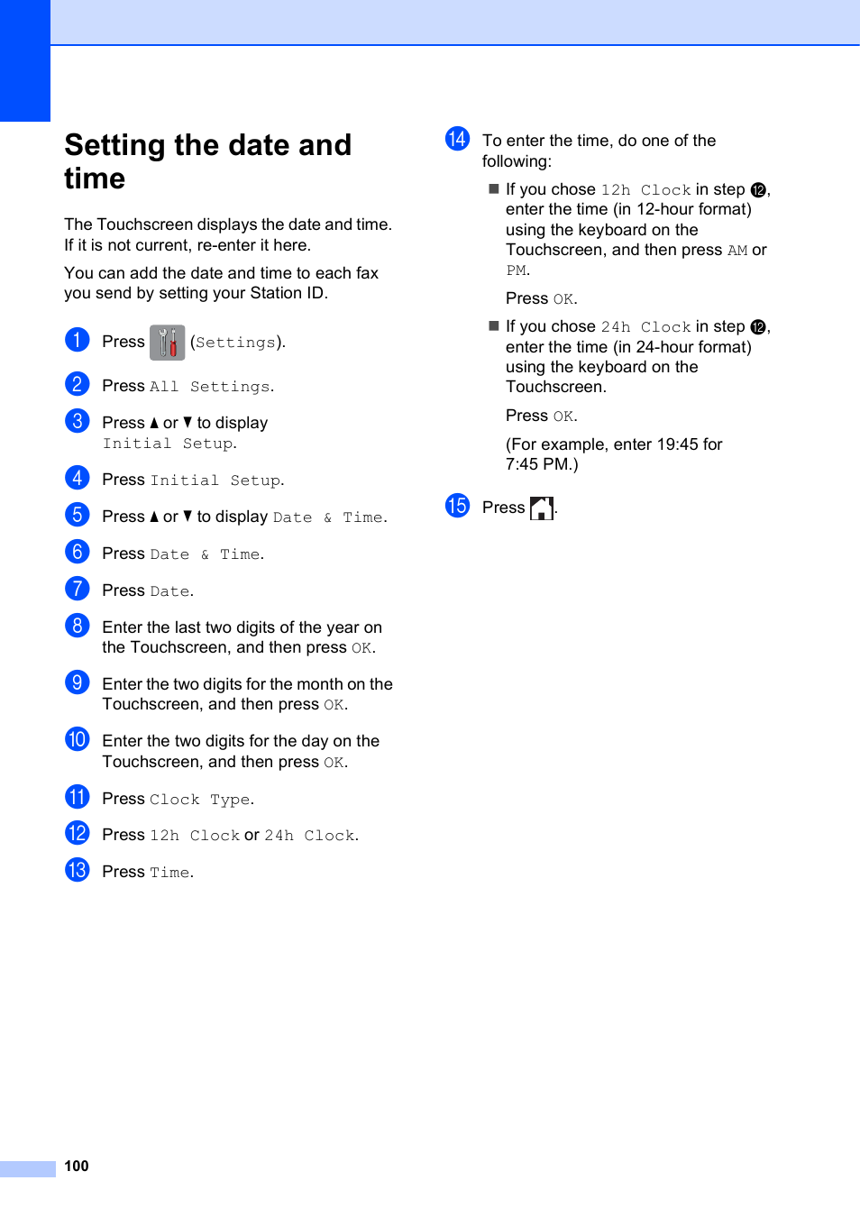 Setting the date and time | Brother MFC-J6720DW User Manual | Page 114 / 219