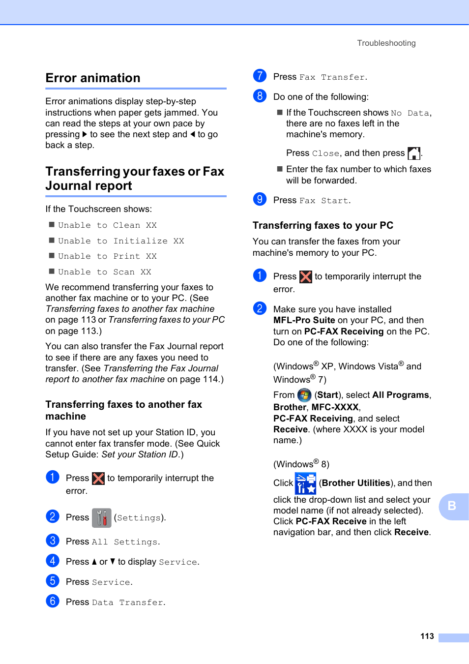 Error animation, Transferring your faxes or fax journal report, Transferring faxes to another fax machine | Transferring faxes to your pc, Berror animation | Brother MFC-J6720DW User Manual | Page 127 / 219