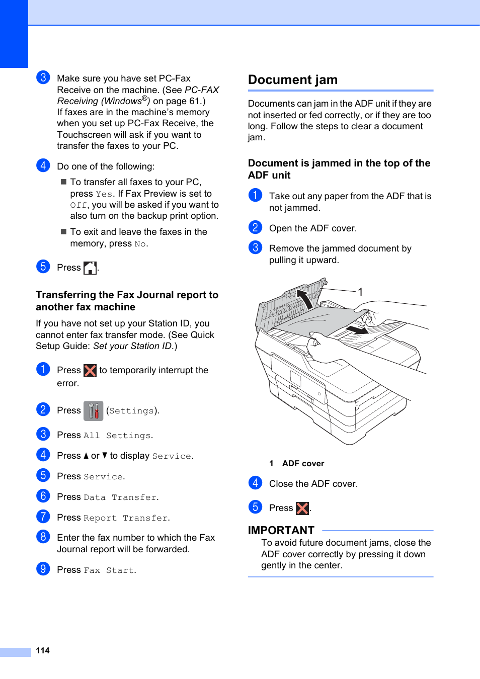 Document jam, Document is jammed in the top of the adf unit | Brother MFC-J6720DW User Manual | Page 128 / 219