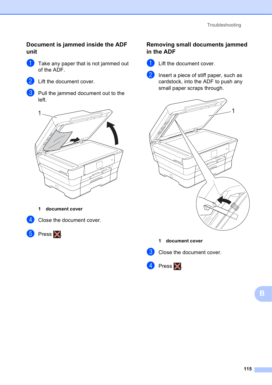 Document is jammed inside the adf unit, Removing small documents jammed in the adf | Brother MFC-J6720DW User Manual | Page 129 / 219