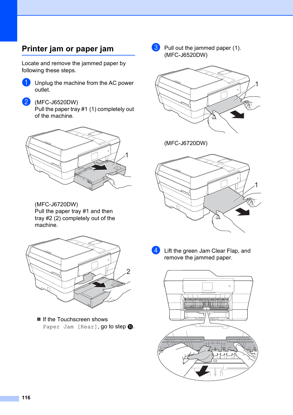 Printer jam or paper jam | Brother MFC-J6720DW User Manual | Page 130 / 219