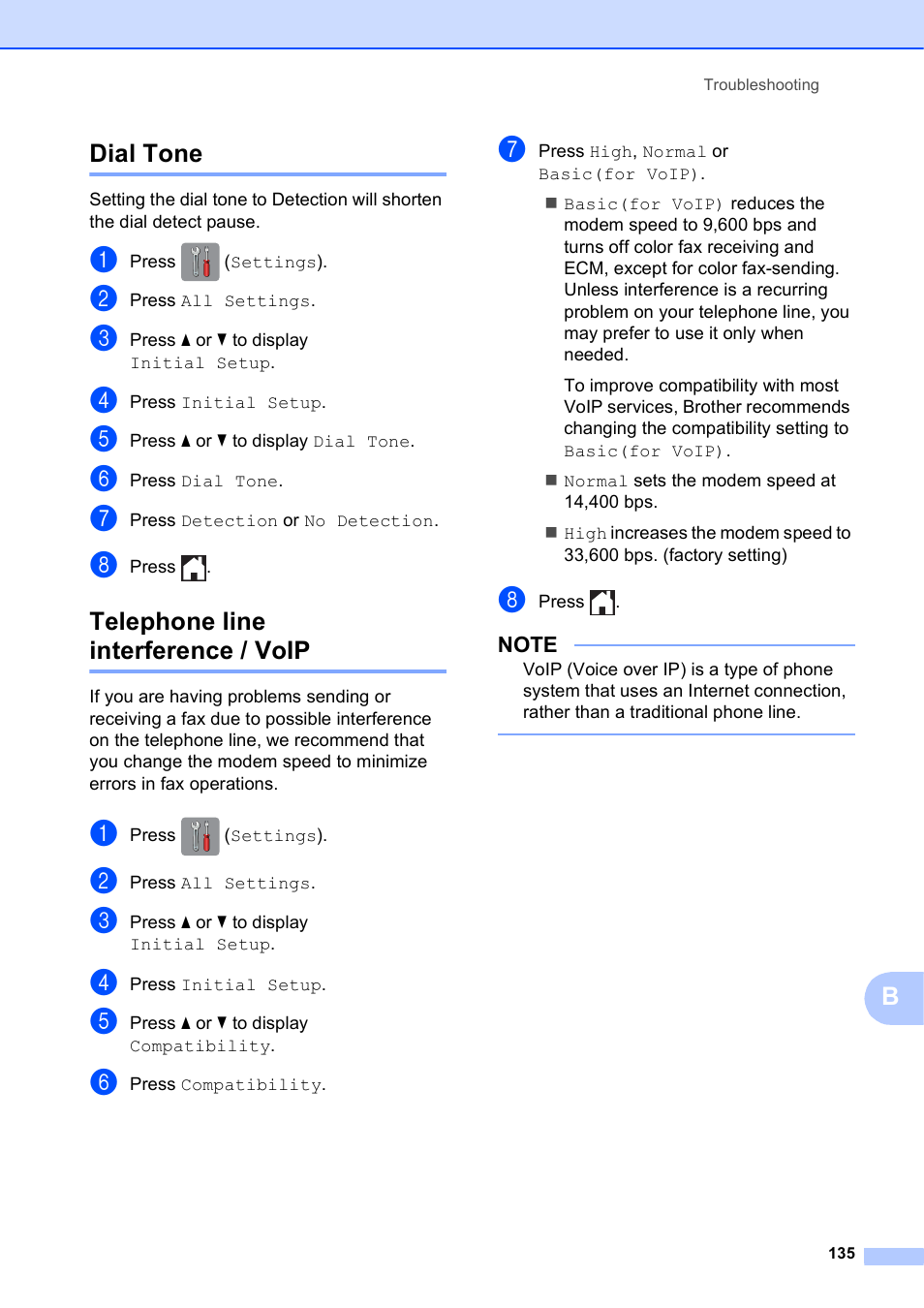 Dial tone, Telephone line interference / voip, Dial tone telephone line interference / voip | Bdial tone | Brother MFC-J6720DW User Manual | Page 149 / 219