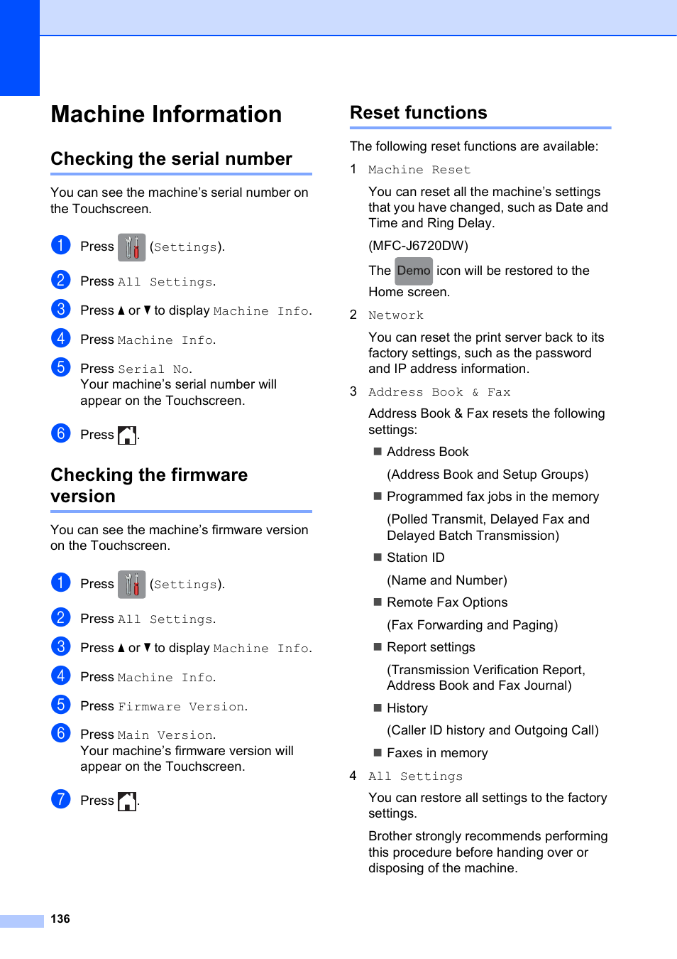 Machine information, Checking the serial number, Checking the firmware version | Reset functions | Brother MFC-J6720DW User Manual | Page 150 / 219