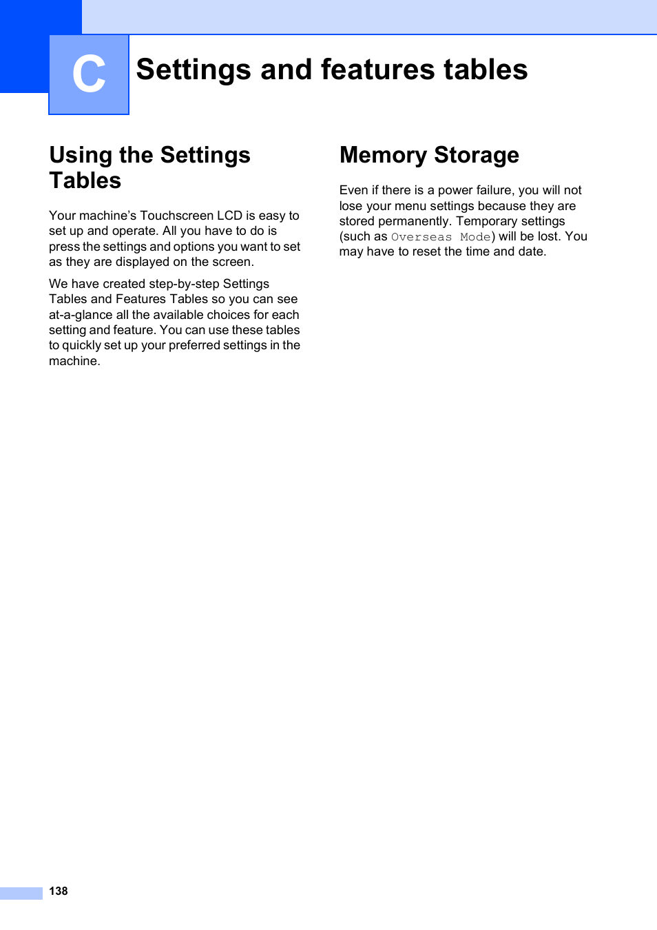 C settings and features tables, Using the settings tables, Memory storage | Settings and features tables, Using the settings tables memory storage | Brother MFC-J6720DW User Manual | Page 152 / 219