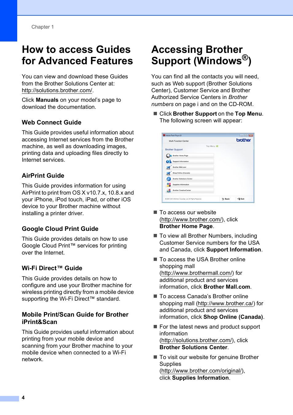 How to access guides for advanced features, Accessing brother support (windows®), Accessing brother support (windows | Brother MFC-J6720DW User Manual | Page 18 / 219