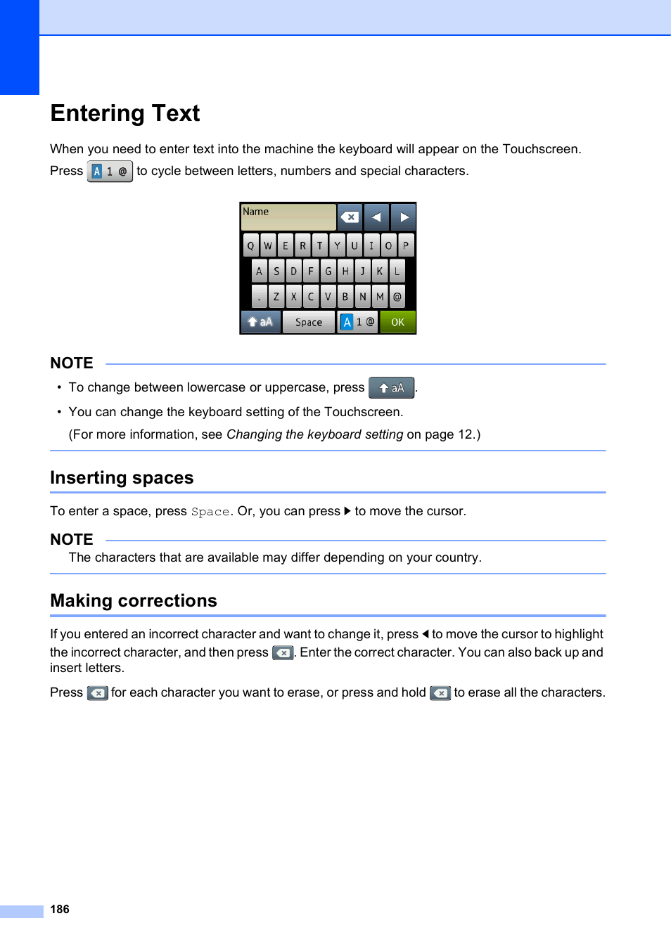 Entering text, Inserting spaces, Making corrections | Inserting spaces making corrections | Brother MFC-J6720DW User Manual | Page 200 / 219