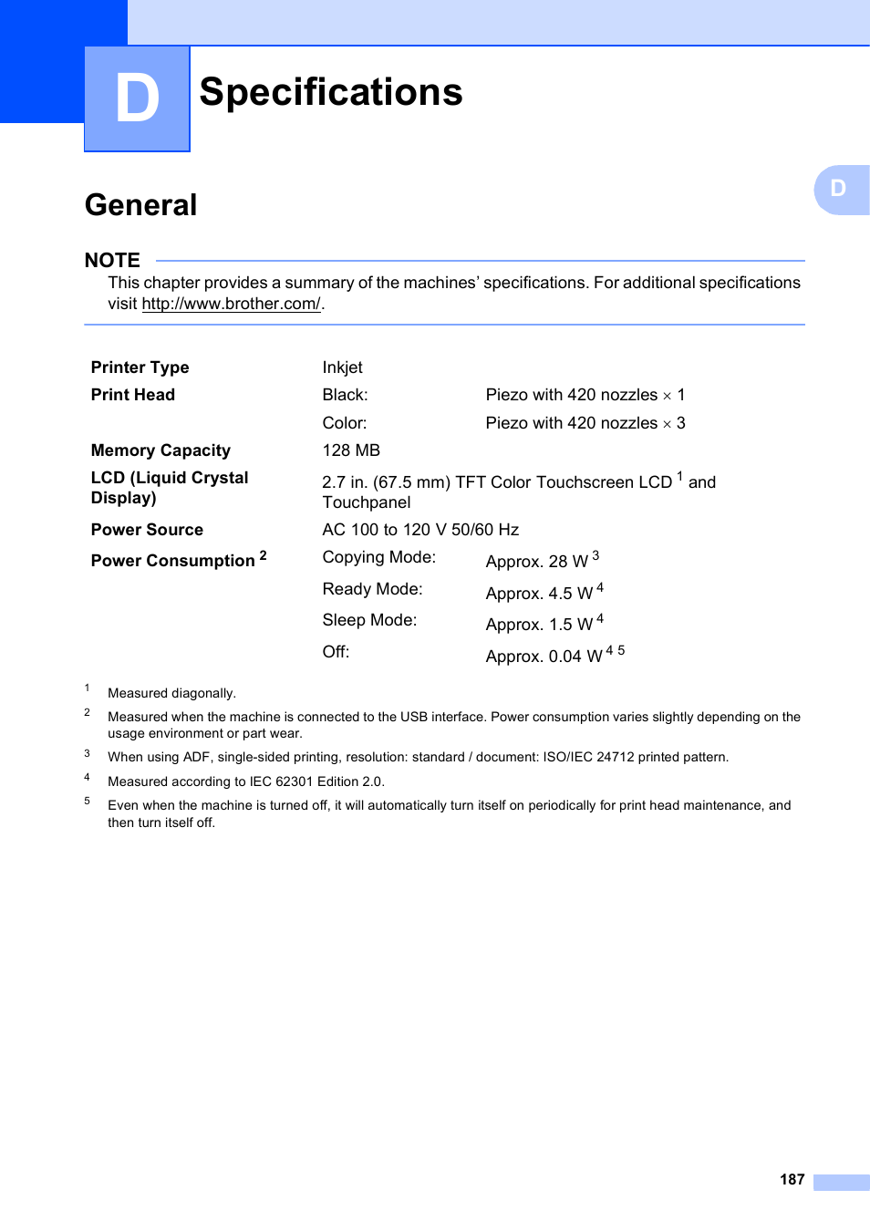 D specifications, General, Specifications | Brother MFC-J6720DW User Manual | Page 201 / 219