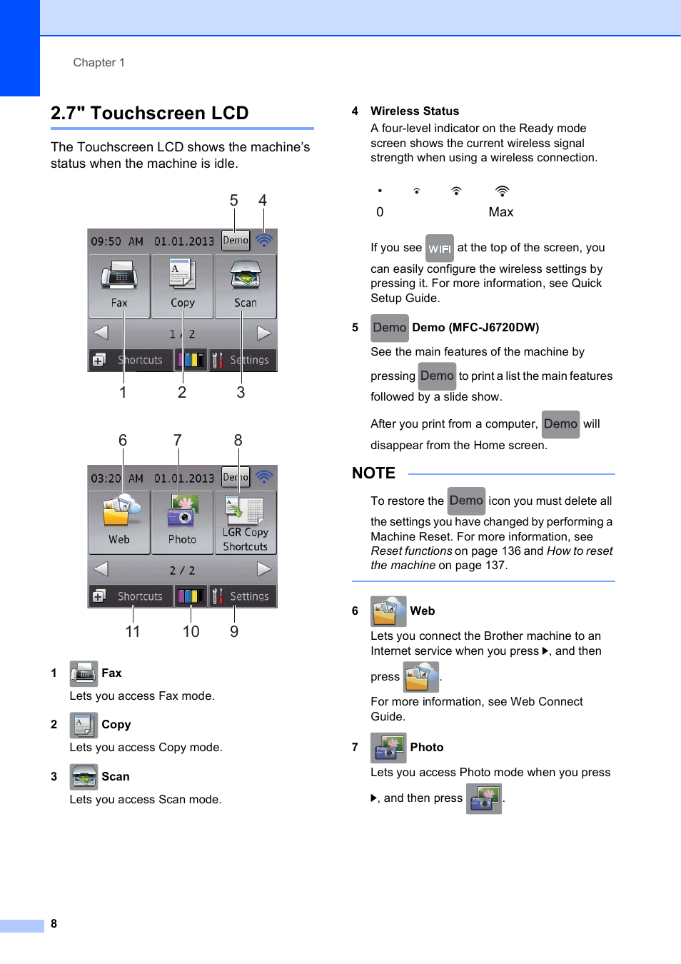 7" touchscreen lcd | Brother MFC-J6720DW User Manual | Page 22 / 219