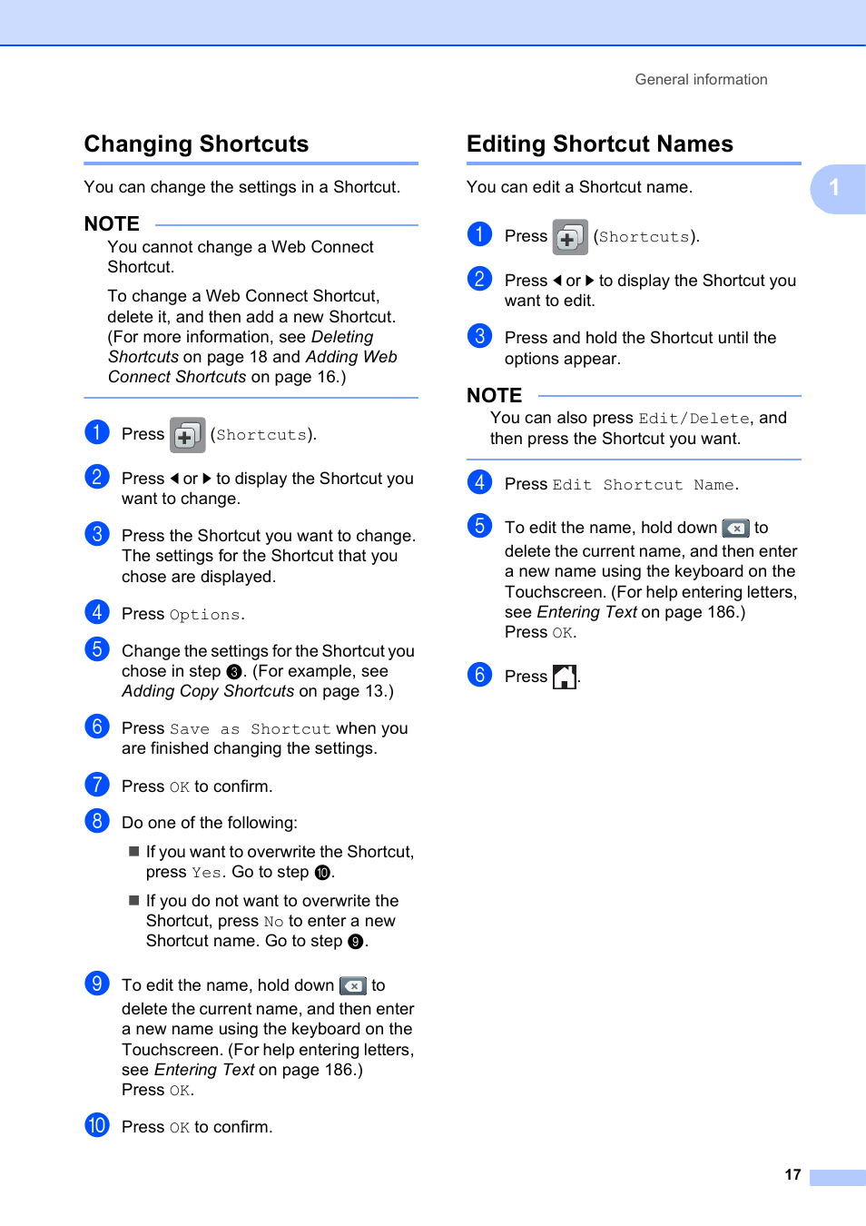 Changing shortcuts, Editing shortcut names, Changing shortcuts editing shortcut names | 1changing shortcuts | Brother MFC-J6720DW User Manual | Page 31 / 219