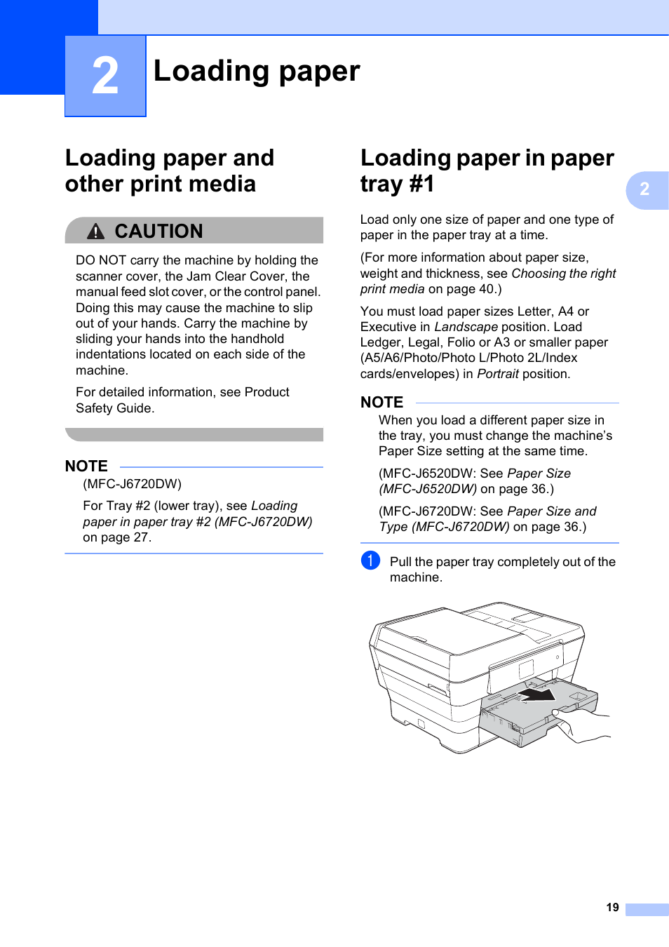 2 loading paper, Loading paper and other print media, Loading paper in paper tray #1 | Loading paper, Caution | Brother MFC-J6720DW User Manual | Page 33 / 219