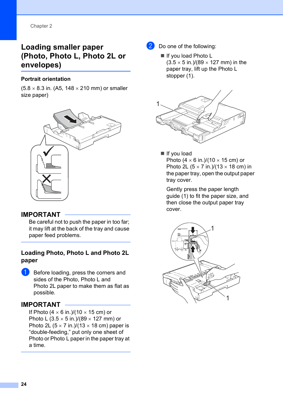 Loading photo, photo l and photo 2l paper, Important | Brother MFC-J6720DW User Manual | Page 38 / 219