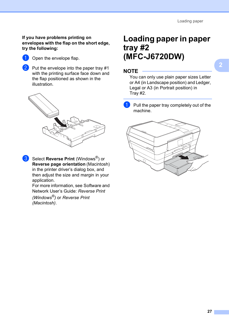 Loading paper in paper tray #2 (mfc-j6720dw) | Brother MFC-J6720DW User Manual | Page 41 / 219