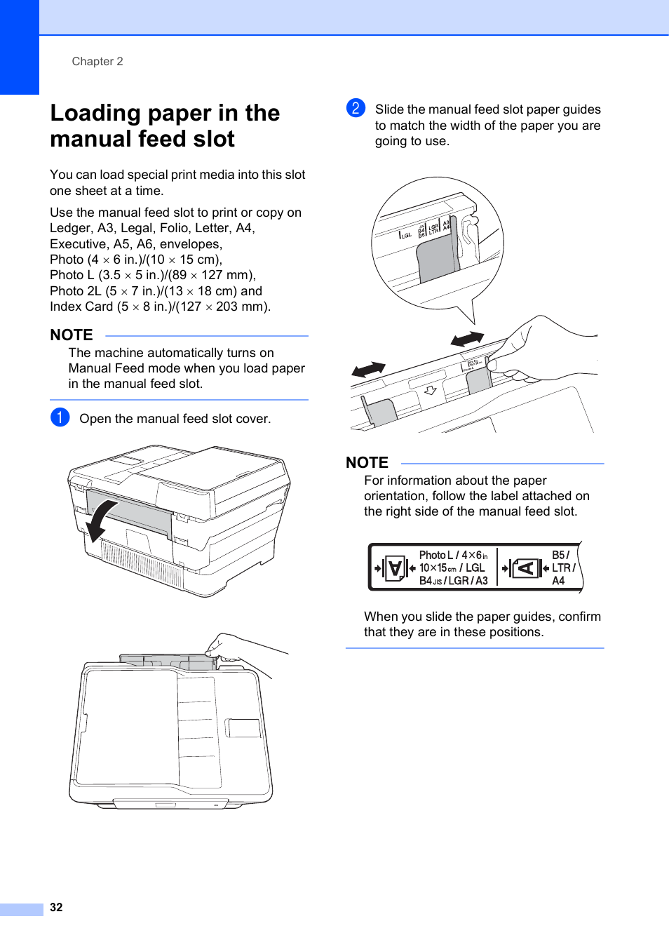 Loading paper in the manual feed slot | Brother MFC-J6720DW User Manual | Page 46 / 219