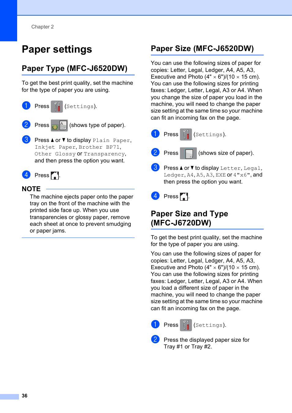 Paper settings, Paper type (mfc-j6520dw), Paper size (mfc-j6520dw) | Paper size and type (mfc-j6720dw) | Brother MFC-J6720DW User Manual | Page 50 / 219