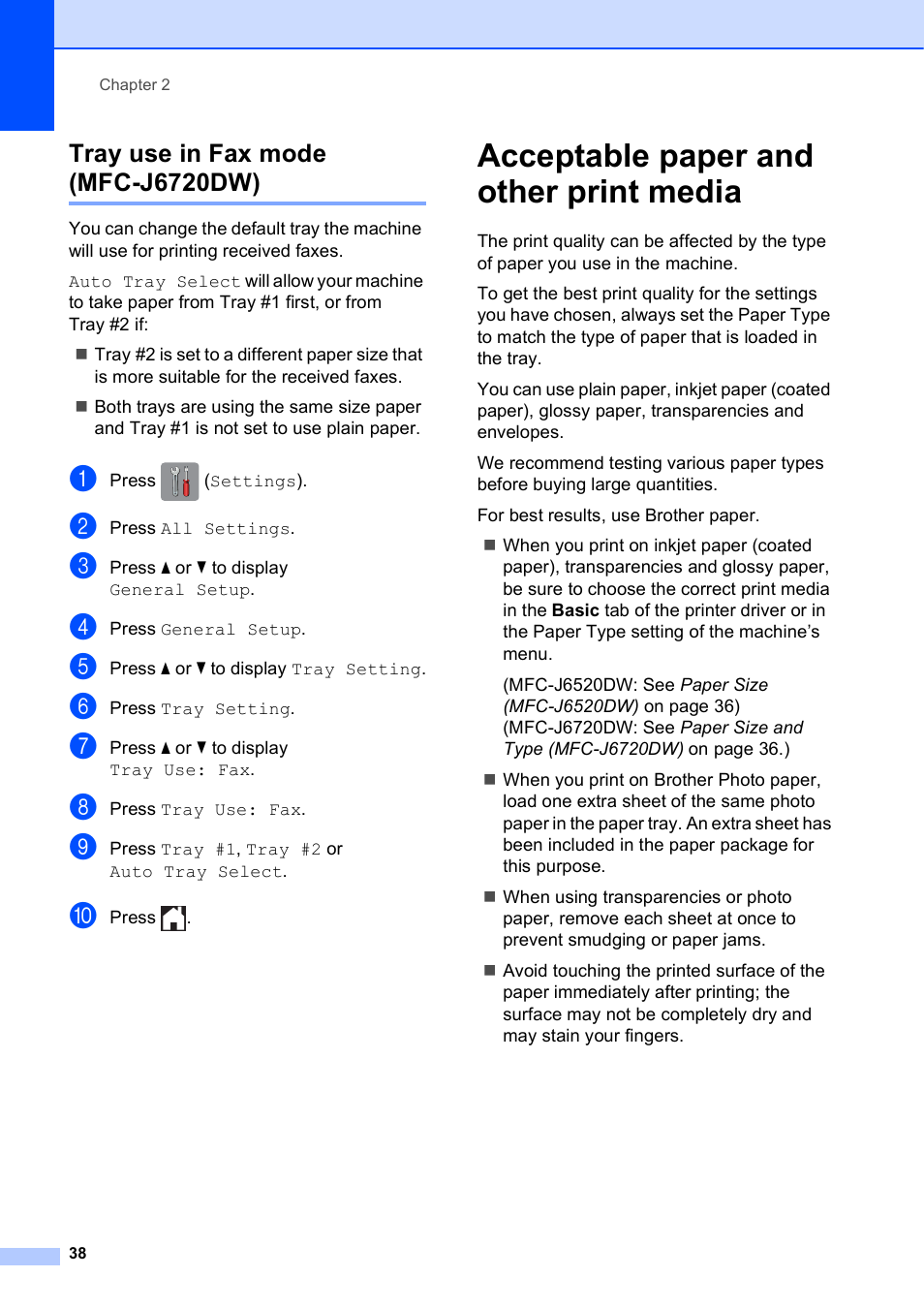 Tray use in fax mode (mfc-j6720dw), Acceptable paper and other print media | Brother MFC-J6720DW User Manual | Page 52 / 219