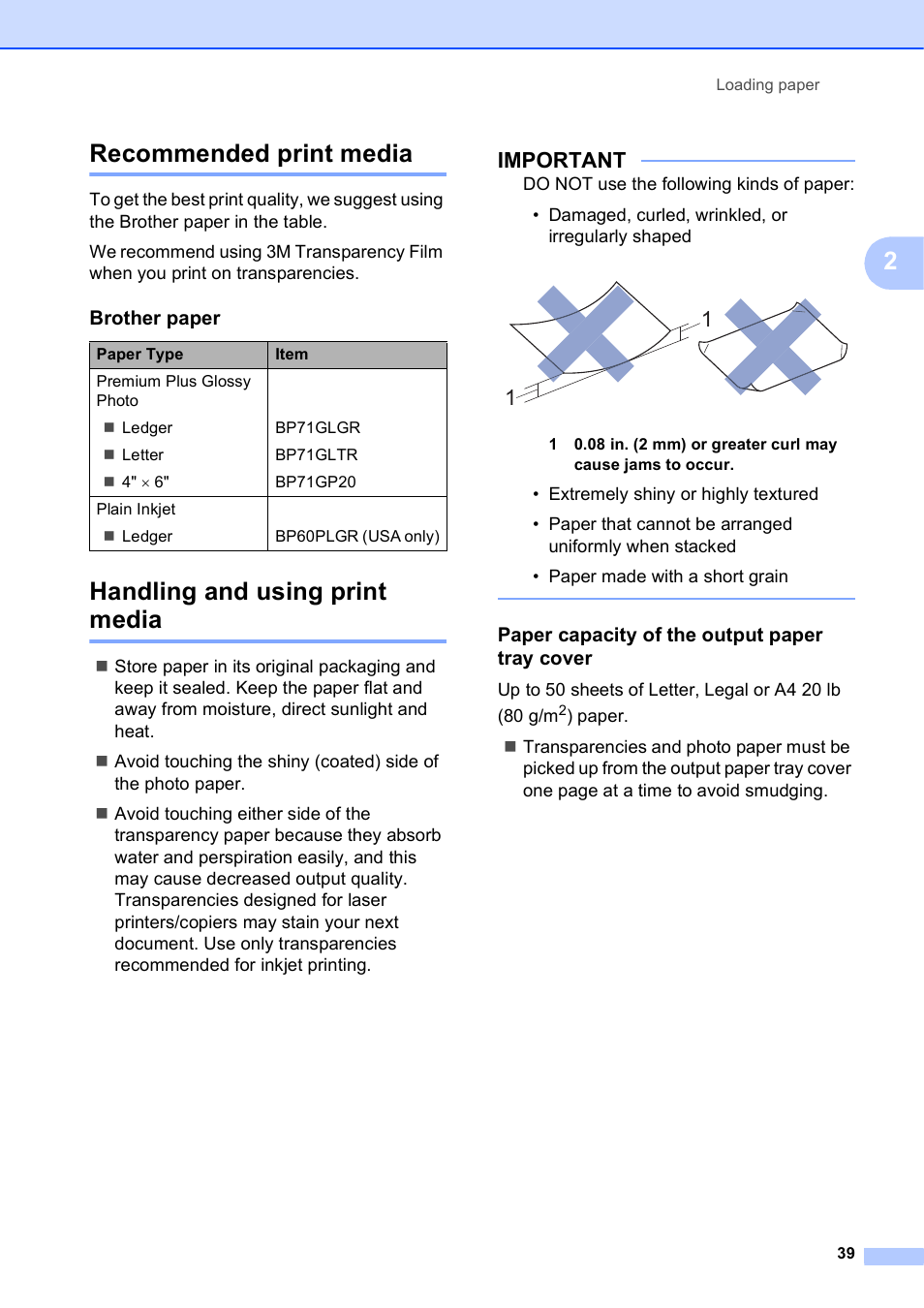 Recommended print media, Handling and using print media, Paper capacity of the output paper tray cover | 2recommended print media, Important, Brother paper | Brother MFC-J6720DW User Manual | Page 53 / 219