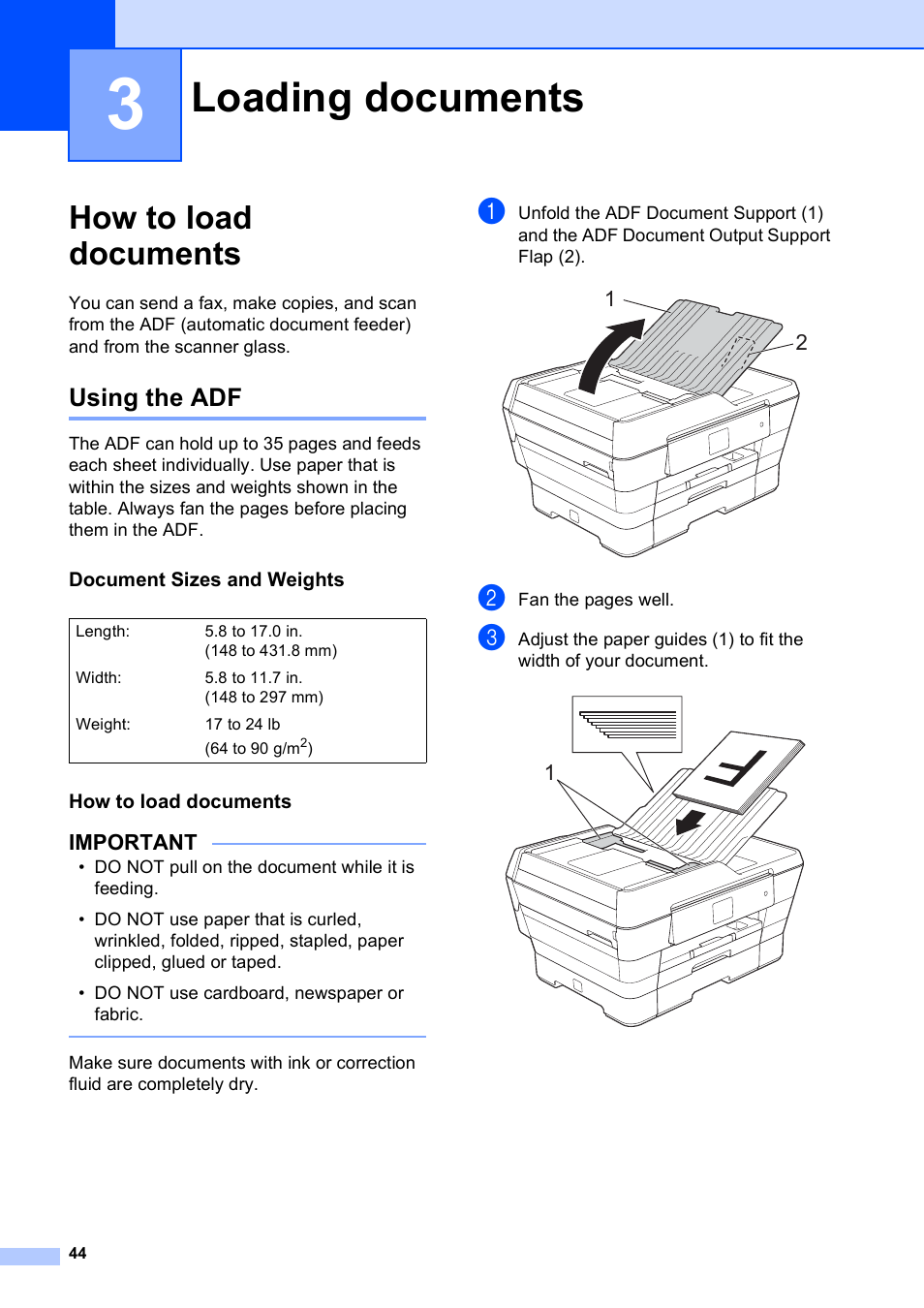 3 loading documents, How to load documents, Using the adf | Document sizes and weights, Loading documents | Brother MFC-J6720DW User Manual | Page 58 / 219