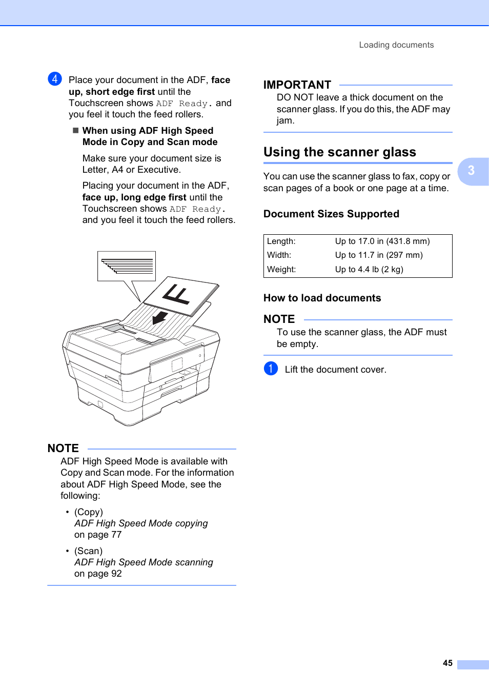 Using the scanner glass, Document sizes supported, How to load documents | Important | Brother MFC-J6720DW User Manual | Page 59 / 219