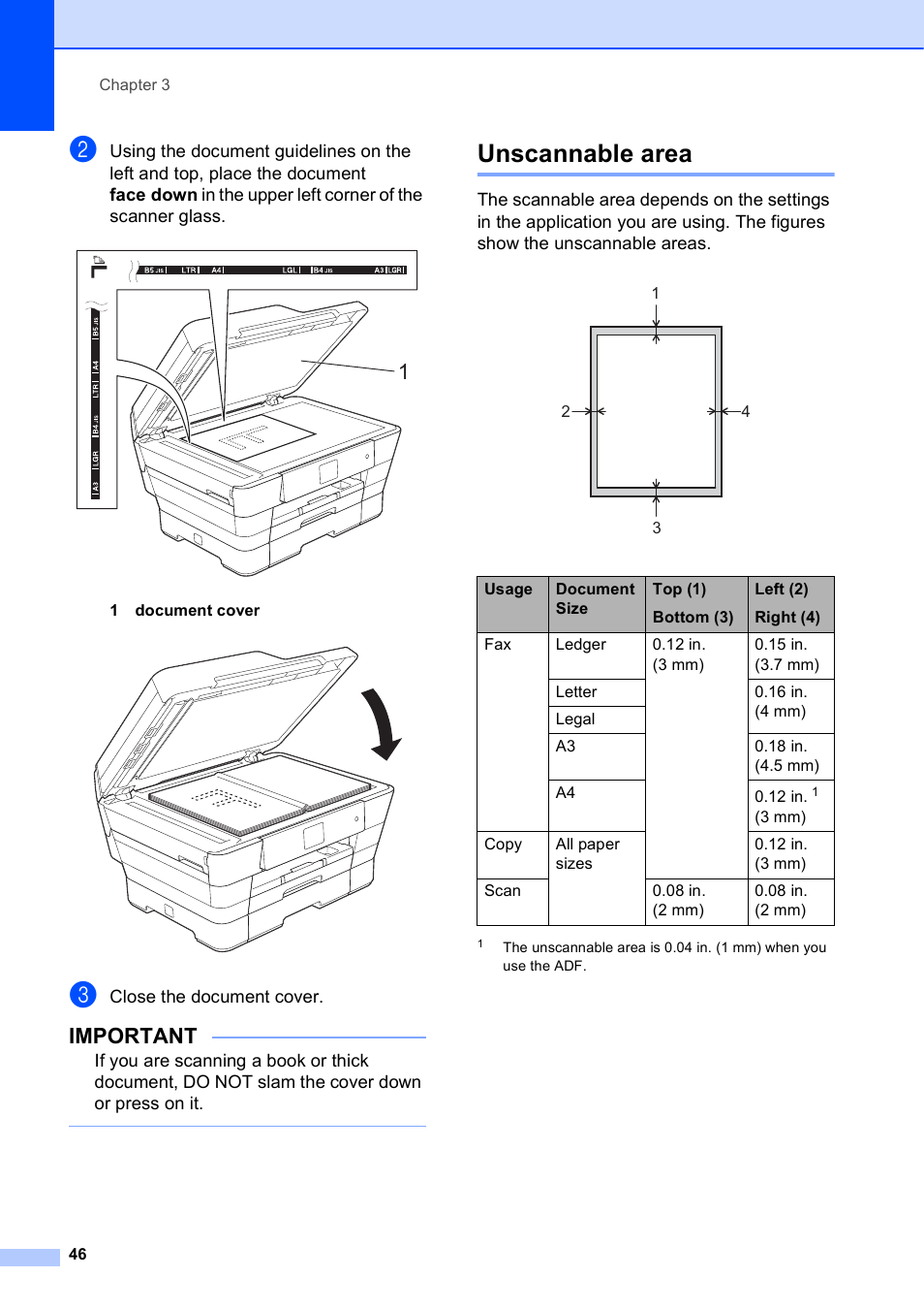 Unscannable area, Important | Brother MFC-J6720DW User Manual | Page 60 / 219