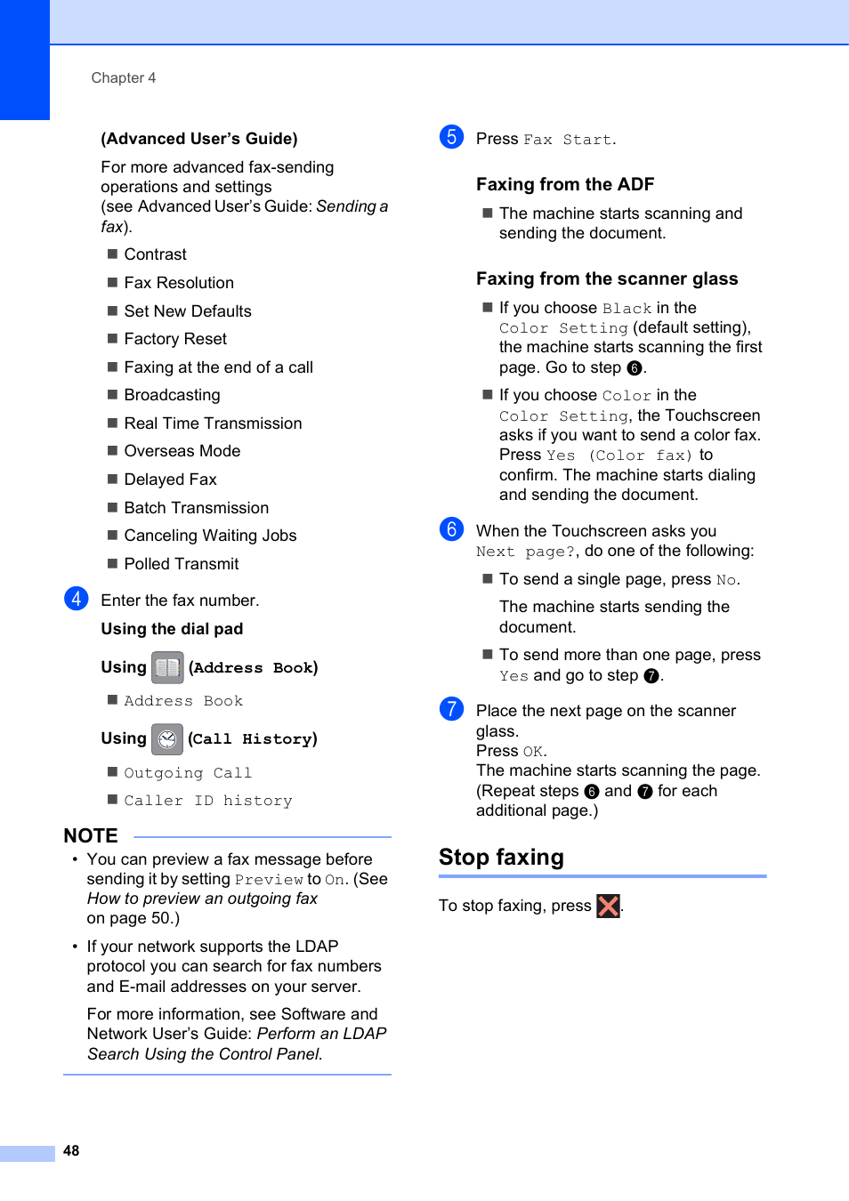 Stop faxing | Brother MFC-J6720DW User Manual | Page 62 / 219