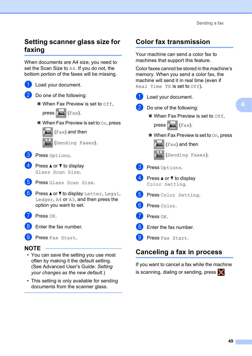 Setting scanner glass size for faxing, Color fax transmission, Canceling a fax in process | 49 t, 4setting scanner glass size for faxing | Brother MFC-J6720DW User Manual | Page 63 / 219