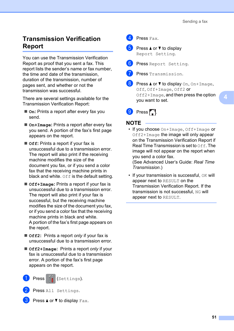 Transmission verification report, O 51, 4transmission verification report | Brother MFC-J6720DW User Manual | Page 65 / 219