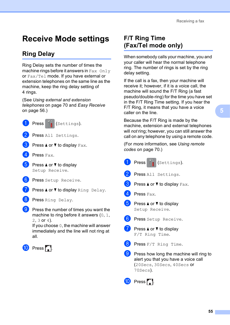 Receive mode settings, Ring delay, F/t ring time (fax/tel mode only) | Ring delay f/t ring time (fax/tel mode only) | Brother MFC-J6720DW User Manual | Page 69 / 219