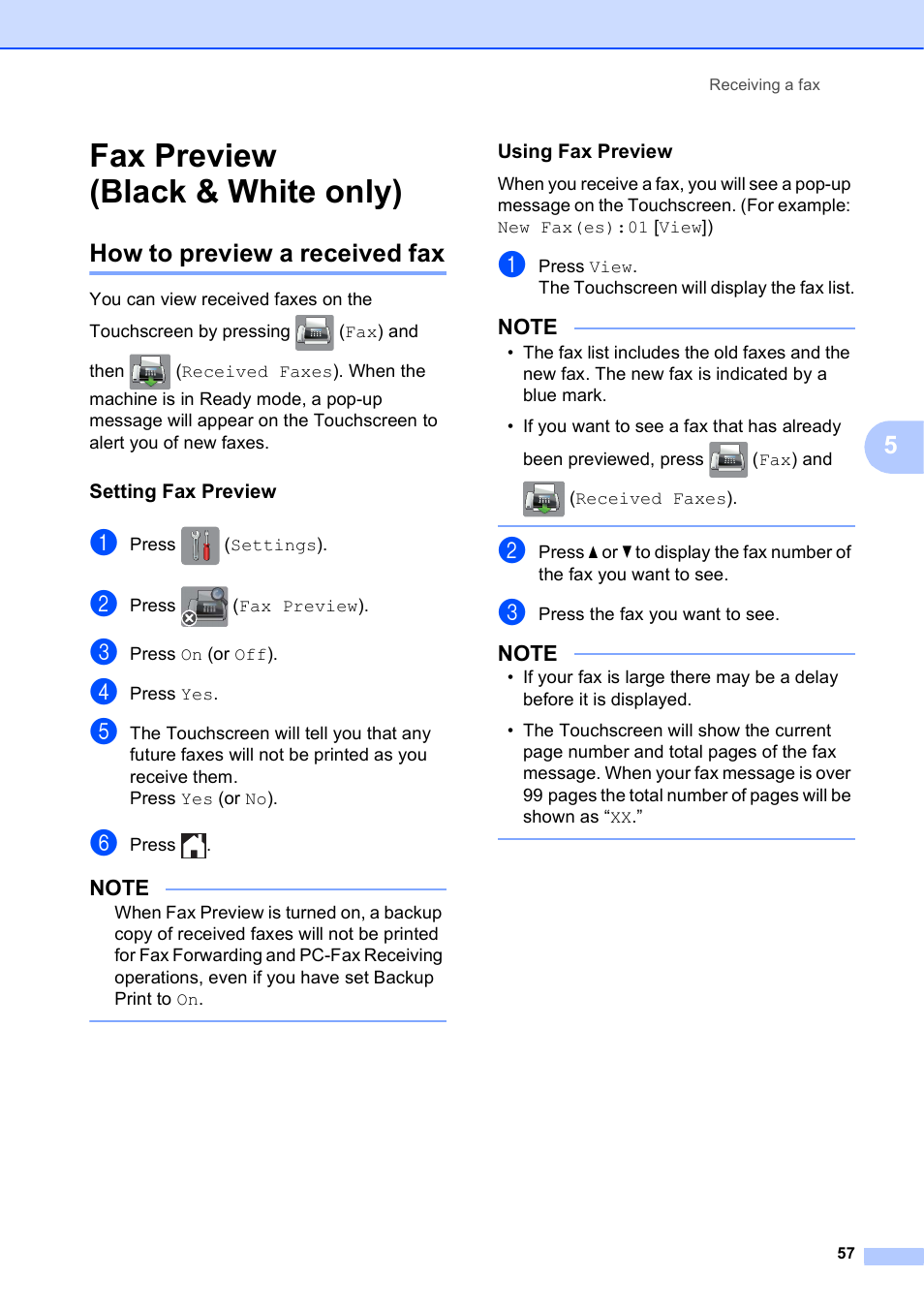 Fax preview (black & white only), How to preview a received fax, Setting fax preview | Using fax preview | Brother MFC-J6720DW User Manual | Page 71 / 219