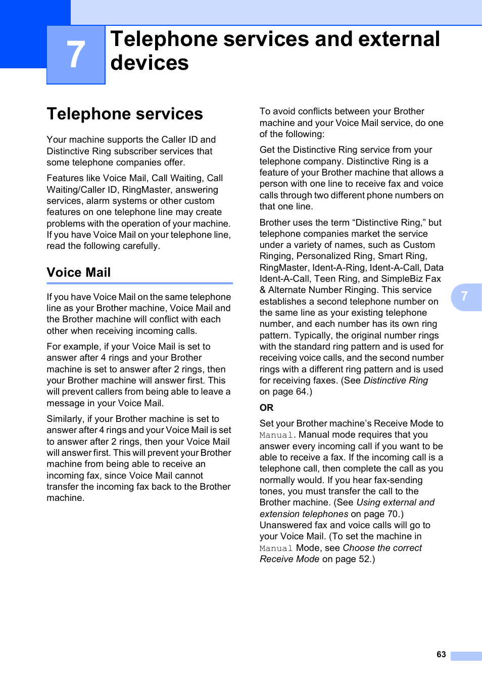 7 telephone services and external devices, Telephone services, Voice mail | Telephone services and external devices | Brother MFC-J6720DW User Manual | Page 77 / 219