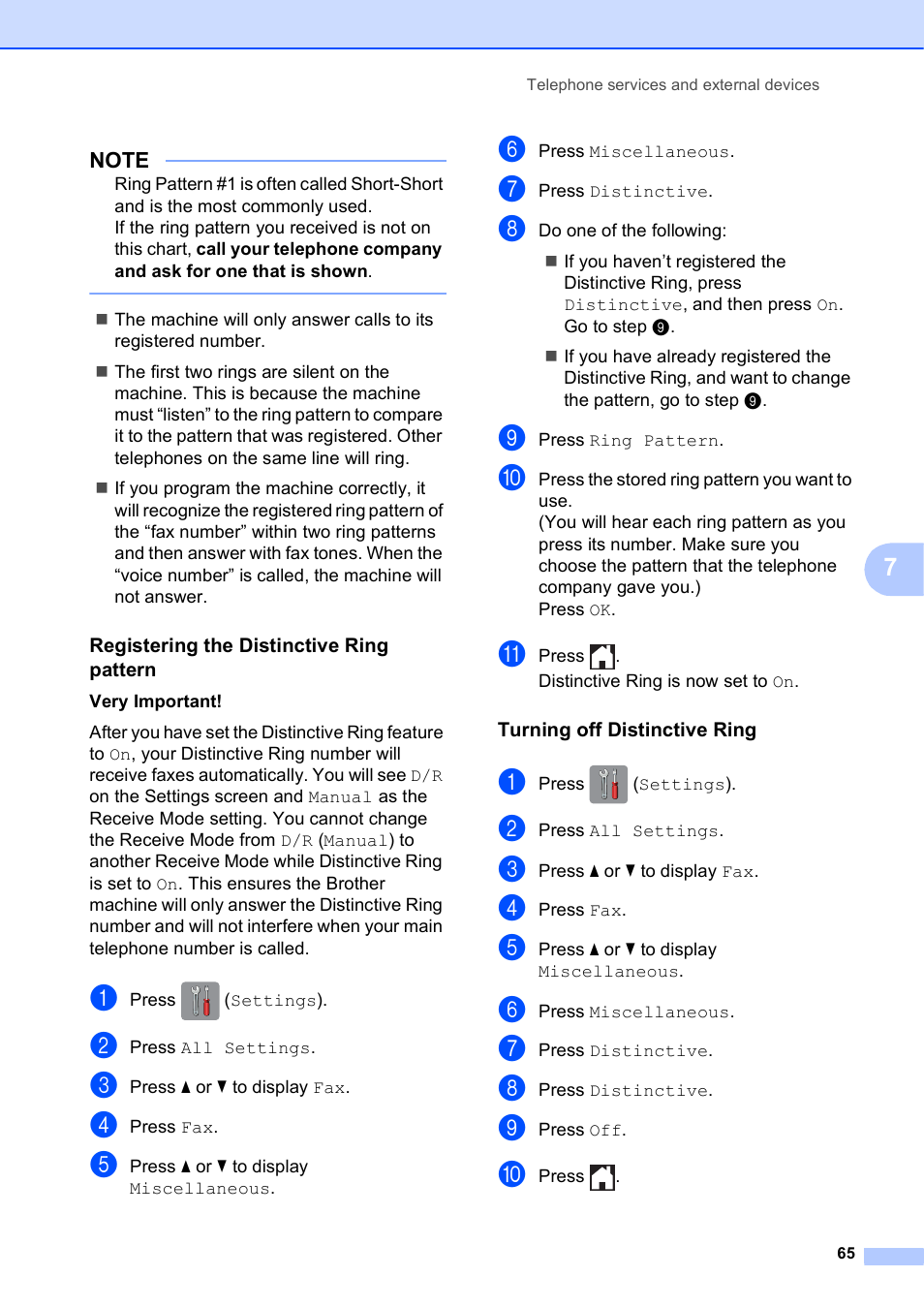 Registering the distinctive ring pattern, Turning off distinctive ring | Brother MFC-J6720DW User Manual | Page 79 / 219